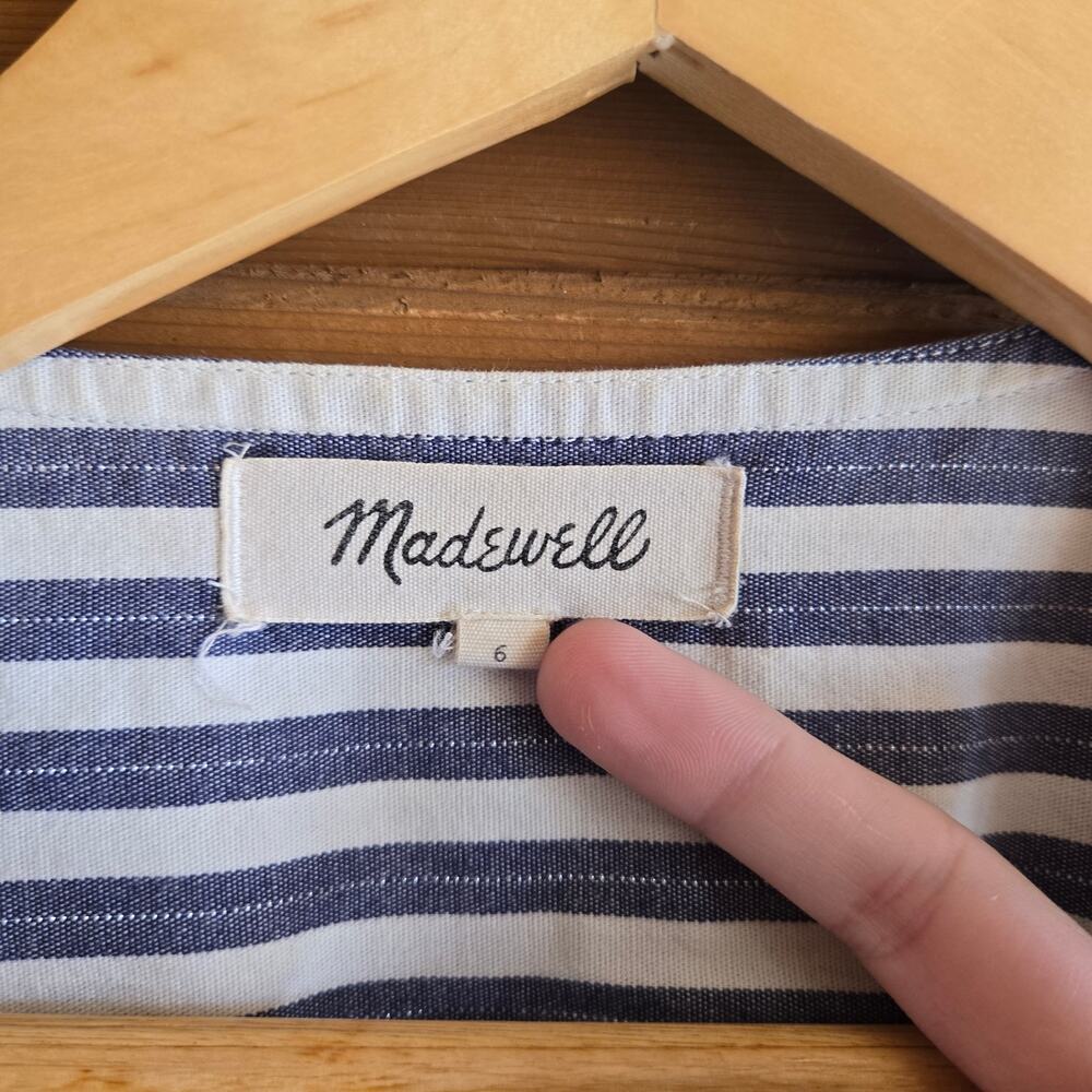 Madewell Dress Cutout Midi Shimmer Stripe Blue Boho Button Front Tie 6 Cottage - Picture 3 of 6